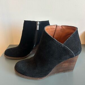 Size 7.5 Lucky Brand wedge booties black suede leather